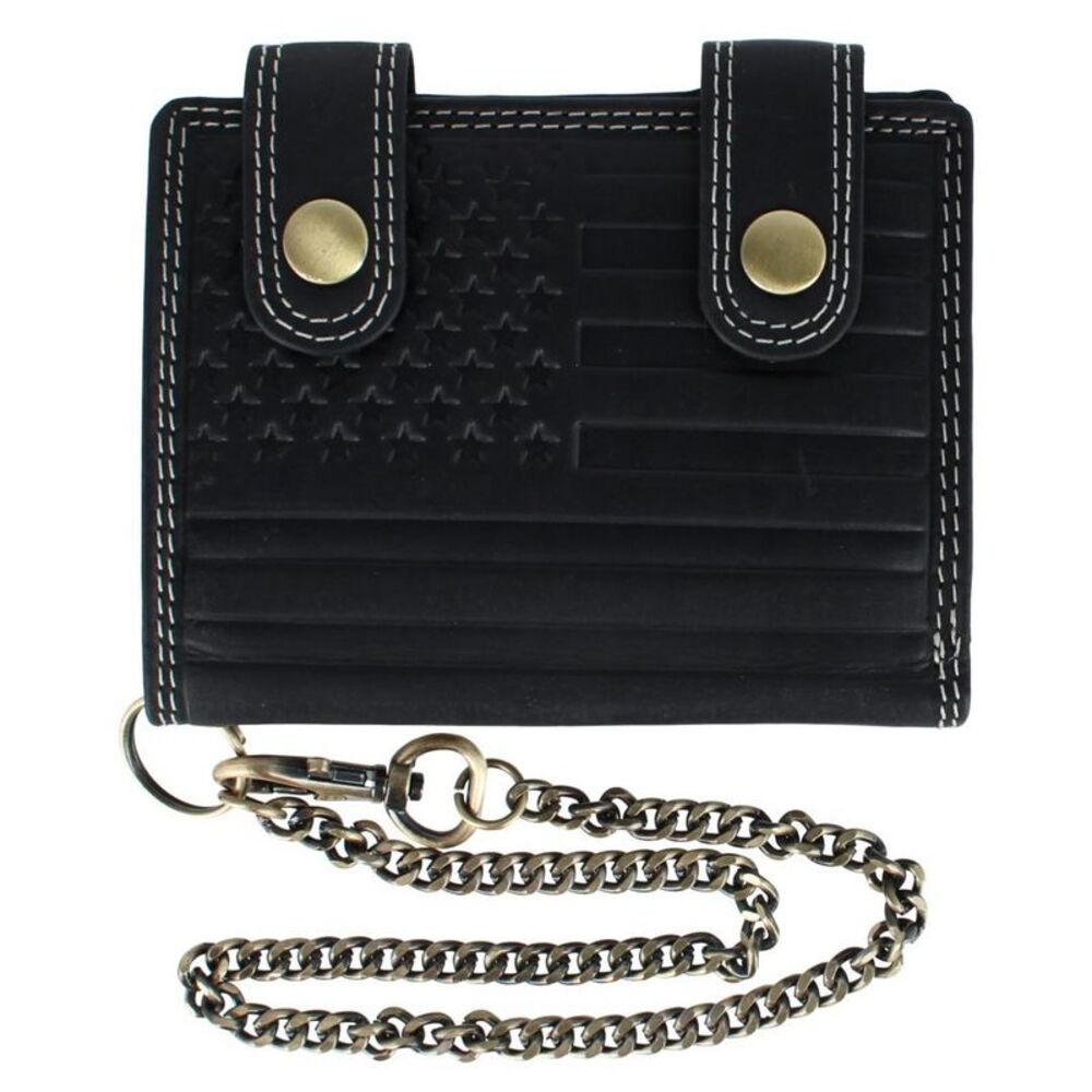 CTM Men's Leather American Flag Bifold Chain Wallet with Snap Closure